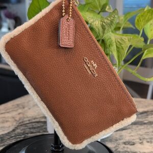 Coach Brown Tan Pebbled Leather Wristlet with Shearling Trim